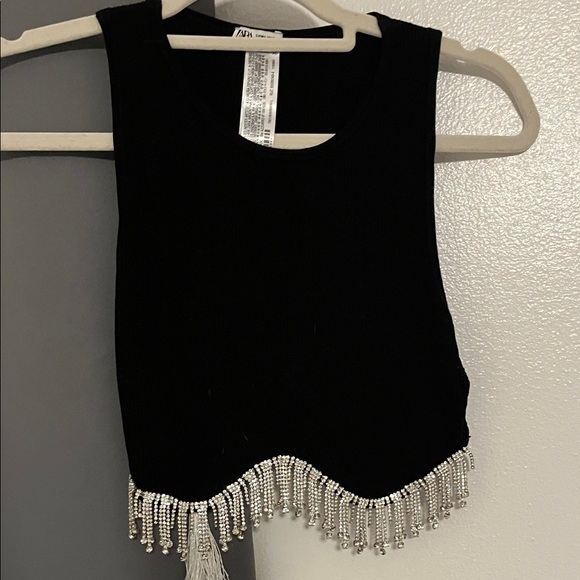 Zara Tops - Zara Black Crop Top with Beaded Fringe